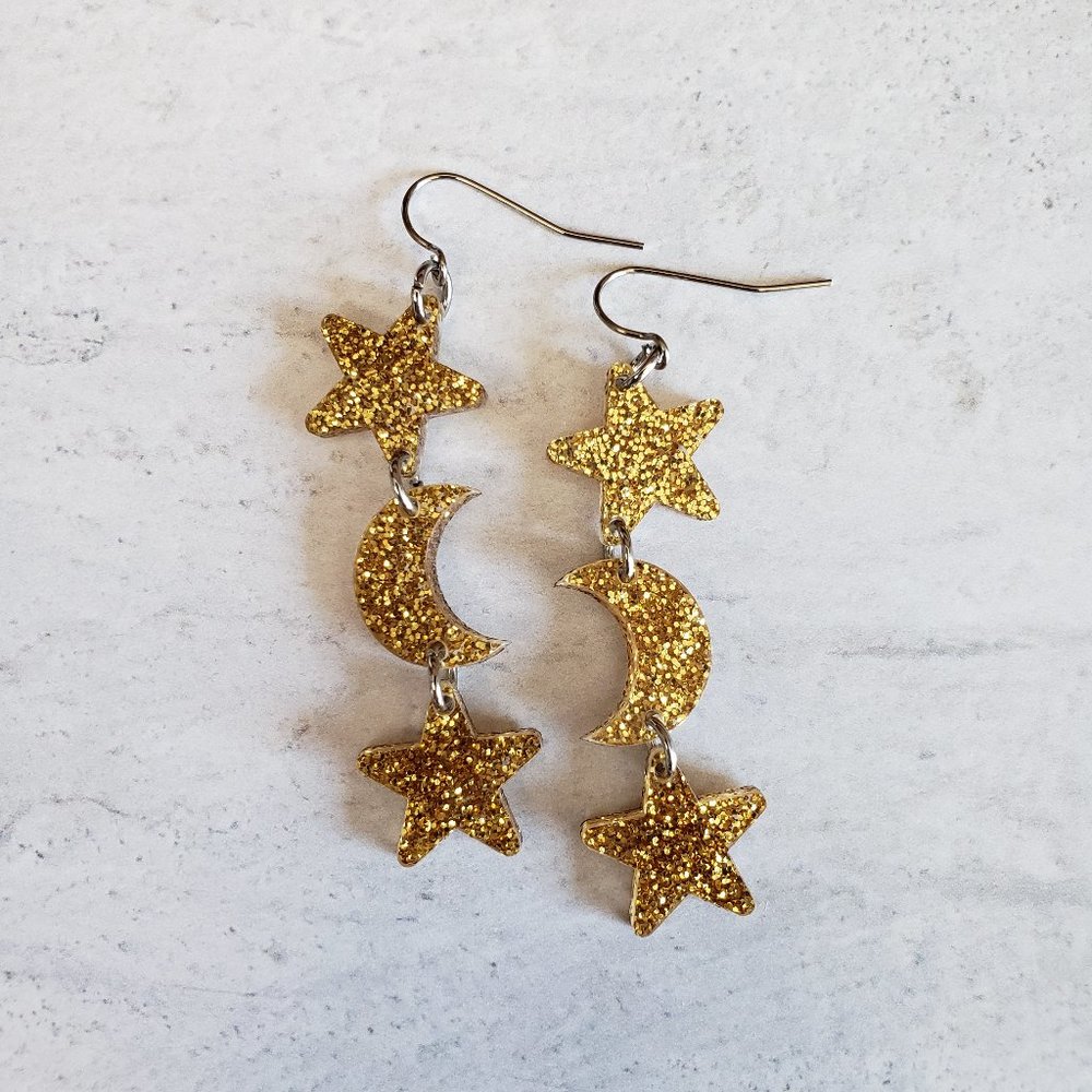 Star and Moon Dangle Earrings, Gold Tone Glitter Acrylic, Handmade